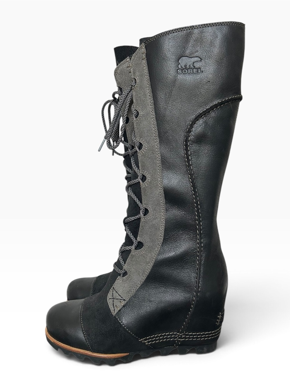 Sorrel Cate The Great Tall Leather Wedge Boot Womens Size 7 Black Grey